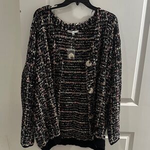 Women's Oversized Black and Multicolor Tweed-Like Sweater
